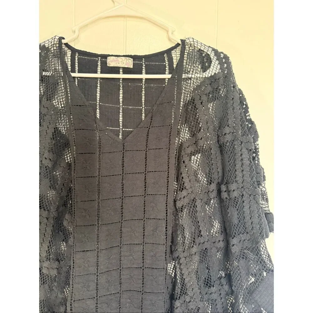 Free People Boho Sunshine Crochet Kaftan Black OS